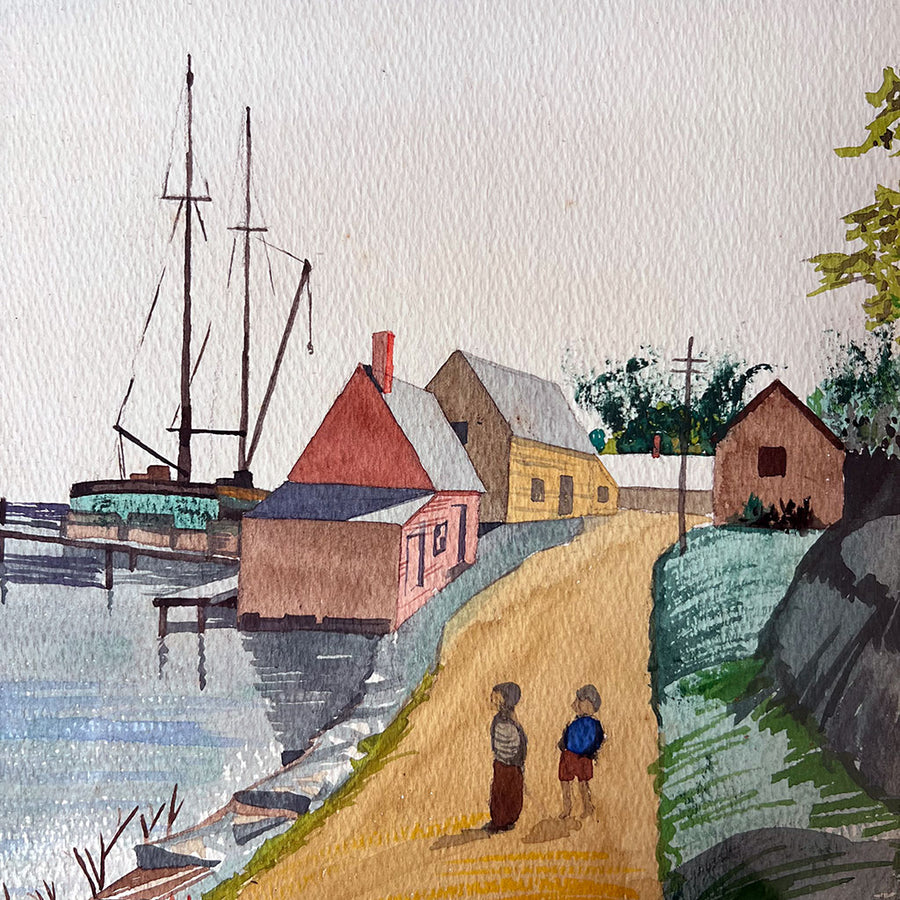 Vintage Original Seaside Scene Watercolor on Paper in Victorian Frame