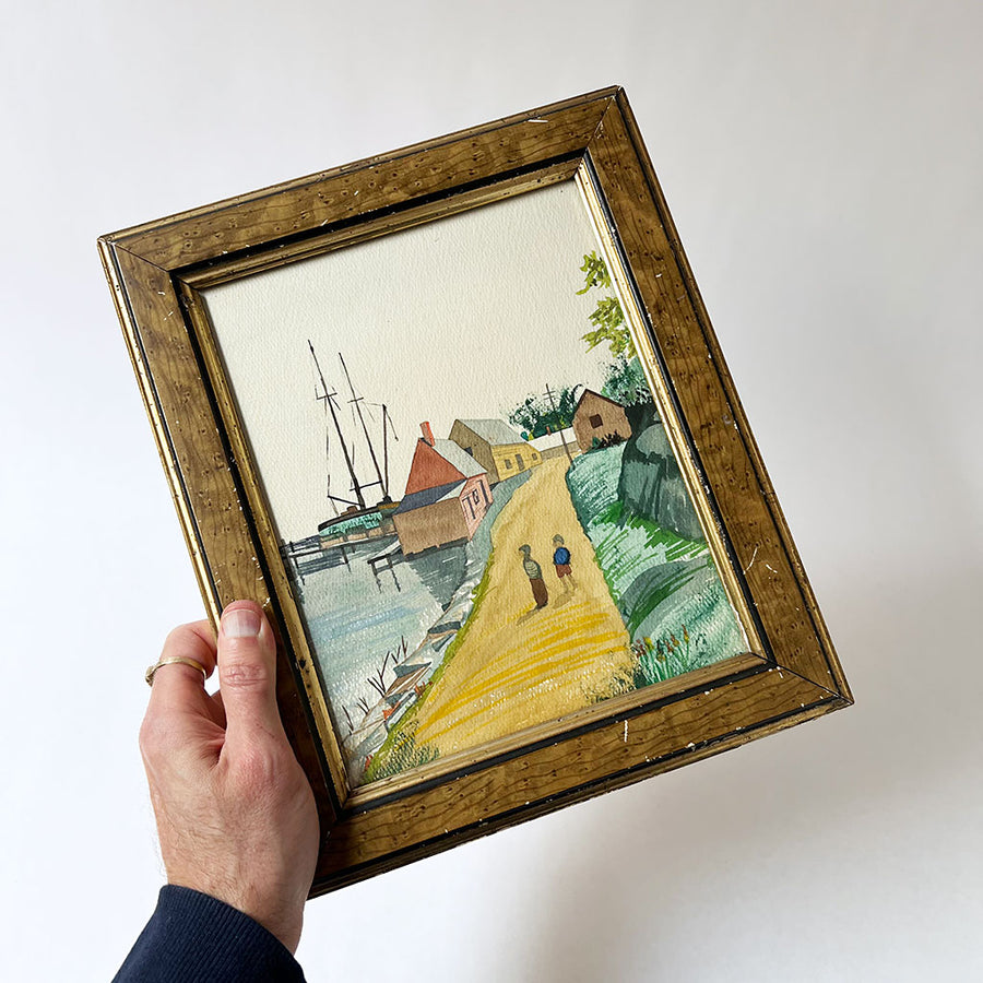 Vintage Original Seaside Scene Watercolor on Paper in Victorian Frame