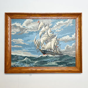 Original Seascape with Ship Painting on Board Vintage Art