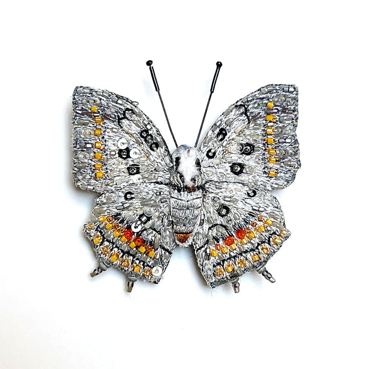 Beaded Silver Butterfly Embroidered Pin by Trovelore