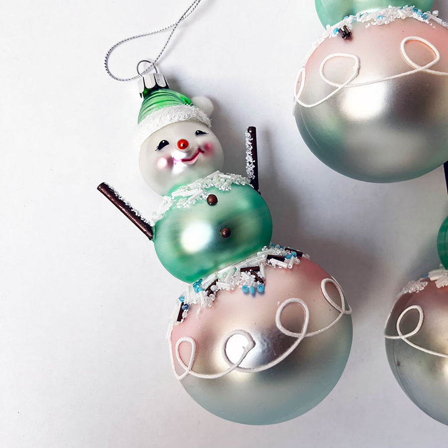 Pastel Snowman with Green Hat Glass Ornament