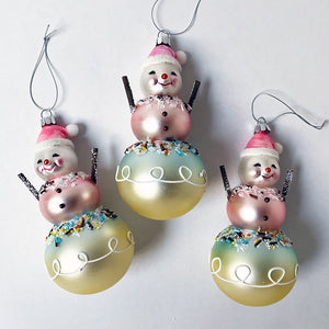 Pastel Snowman with Pink Hat Glass Ornament