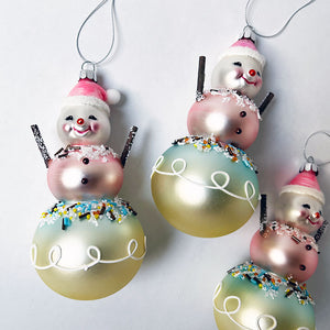 Pastel Snowman with Pink Hat Glass Ornament