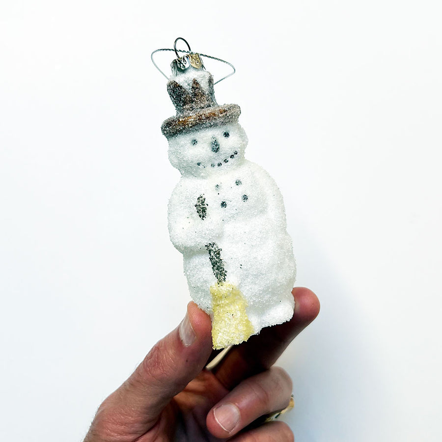 Sparkle Snowman with a Broom Glass Ornament