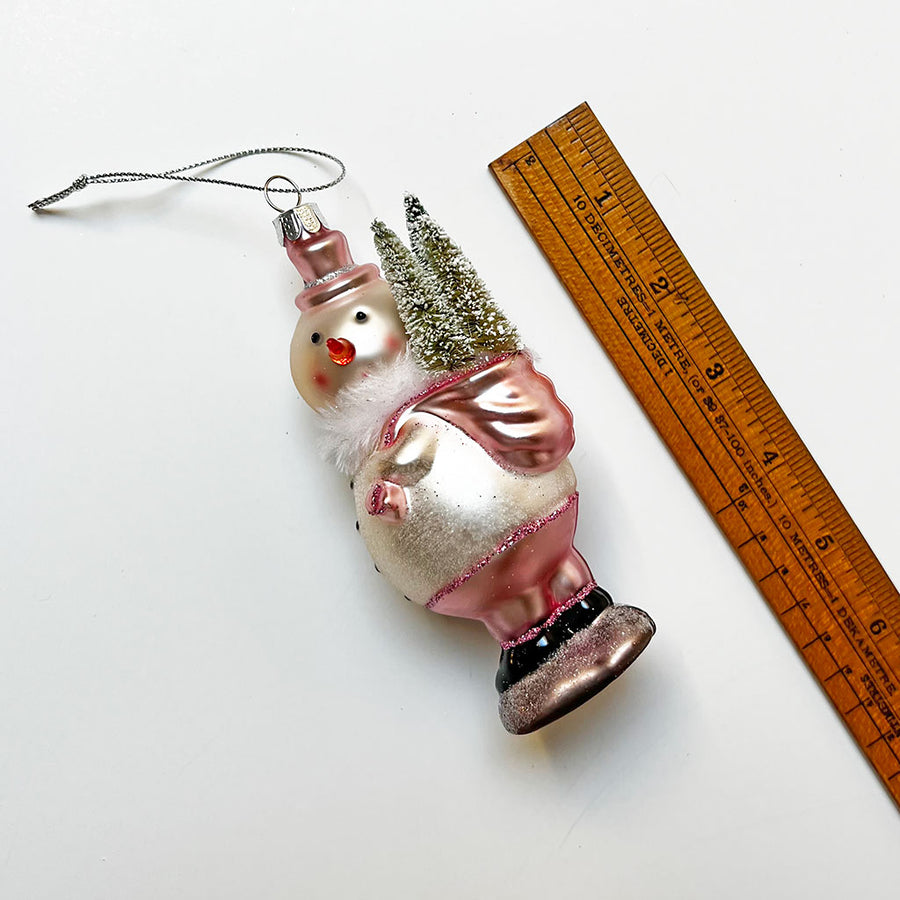 Snowman Carrying Trees in Back Glass Ornament