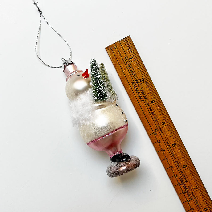 Snowman Holding Trees in Front Glass Ornament