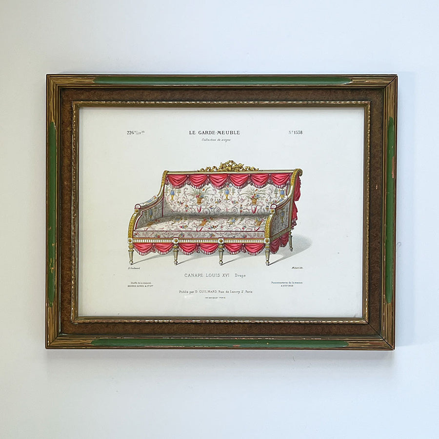 Canapé Louis XVI Drapé (Draped Louis XVI Sofa) Original Hand-Colored French Engraving in Vintage Frame