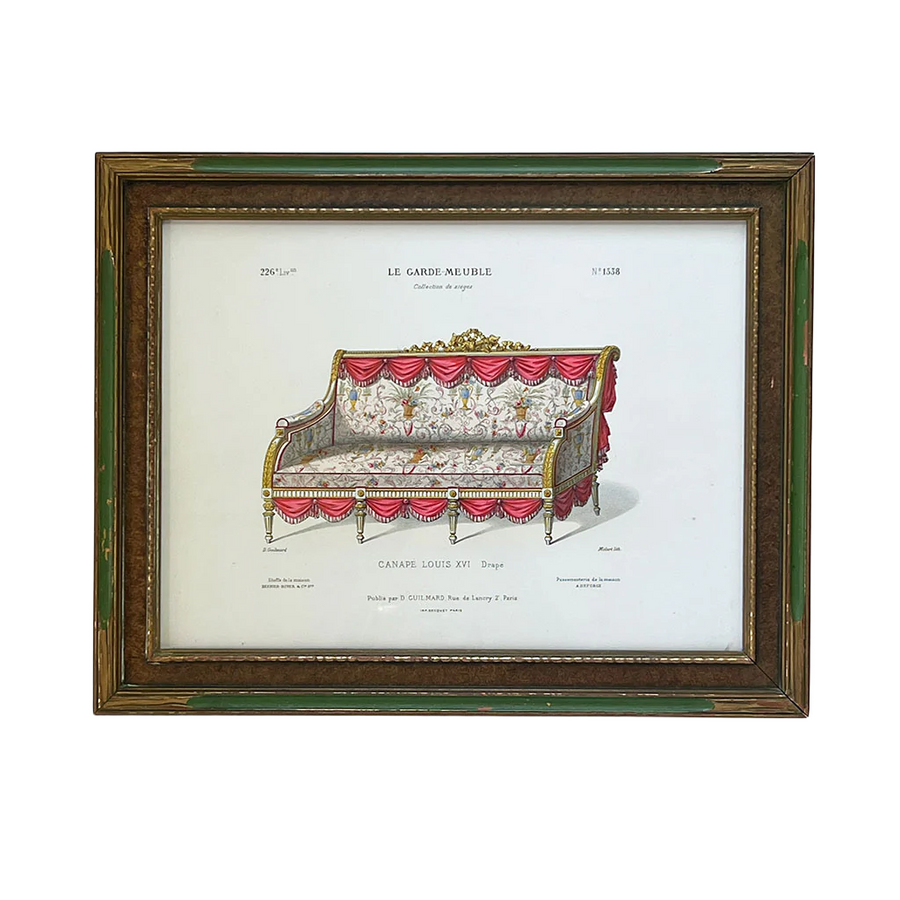 Canapé Louis XVI Drapé (Draped Louis XVI Sofa) Original Hand-Colored French Engraving in Vintage Frame