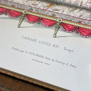 Canapé Louis XVI Drapé (Draped Louis XVI Sofa) Original Hand-Colored French Engraving in Vintage Frame