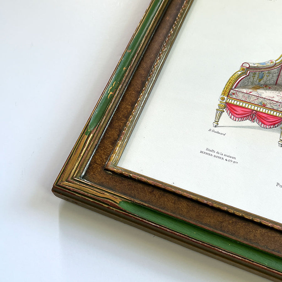 Canapé Louis XVI Drapé (Draped Louis XVI Sofa) Original Hand-Colored French Engraving in Vintage Frame