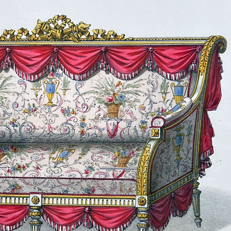 Canapé Louis XVI Drapé (Draped Louis XVI Sofa) Original Hand-Colored French Engraving in Vintage Frame