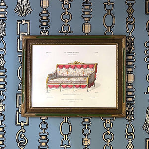 Canapé Louis XVI Drapé (Draped Louis XVI Sofa) Original Hand-Colored French Engraving in Vintage Frame