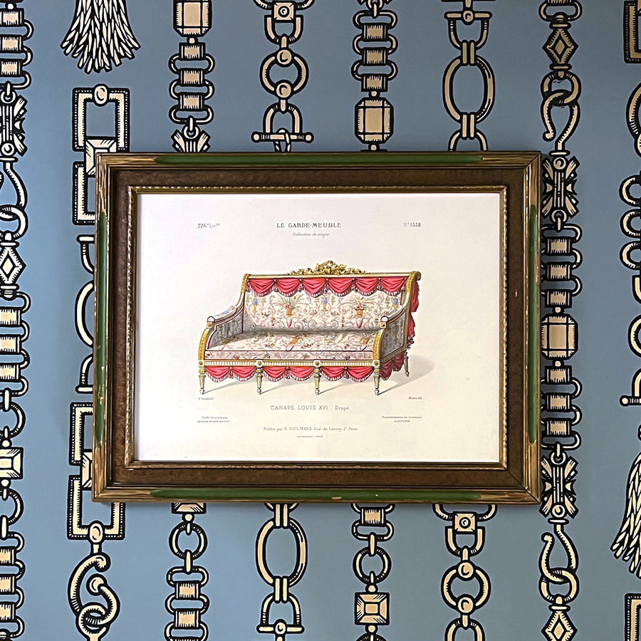 Canapé Louis XVI Drapé (Draped Louis XVI Sofa) Original Hand-Colored French Engraving in Vintage Frame
