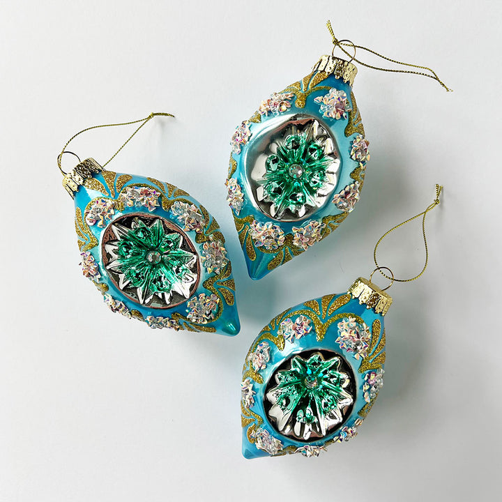 Starburst Teardrop Glass Ornament Blue