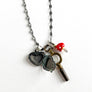 PATCH NYC Treasure Necklace: Sterling Silver Heart Locket, Vintage Pocket Watch Key & Enamel Mushroom
