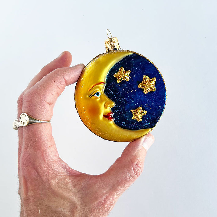 Crescent Moon & Full Moon Double Sided Glass Ornament
