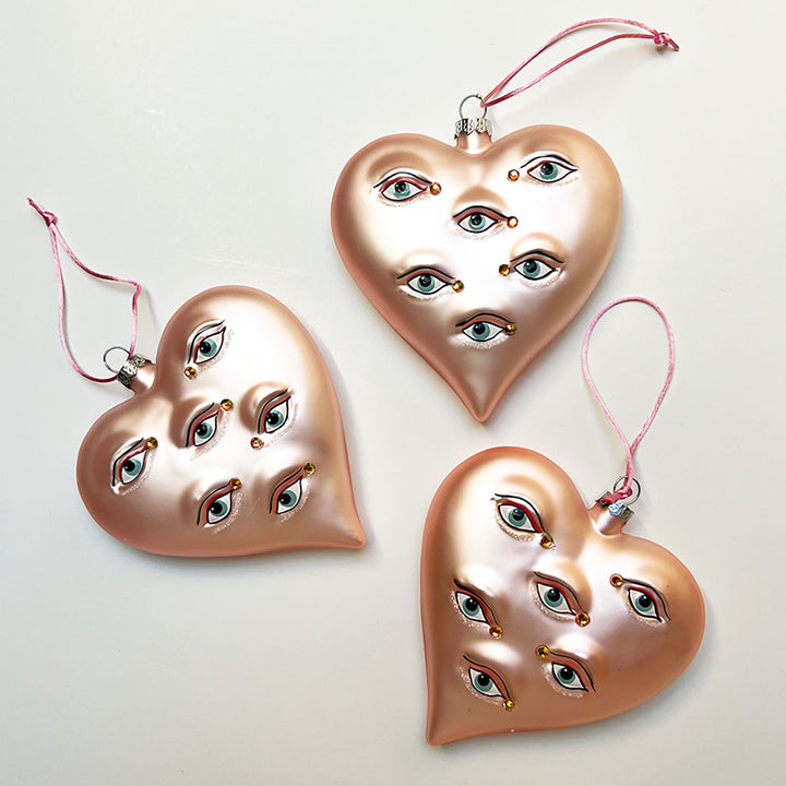 Surreal Blush Pink Heart with Eyes Glass Ornament