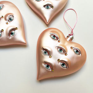 Surreal Blush Pink Heart with Eyes Glass Ornament