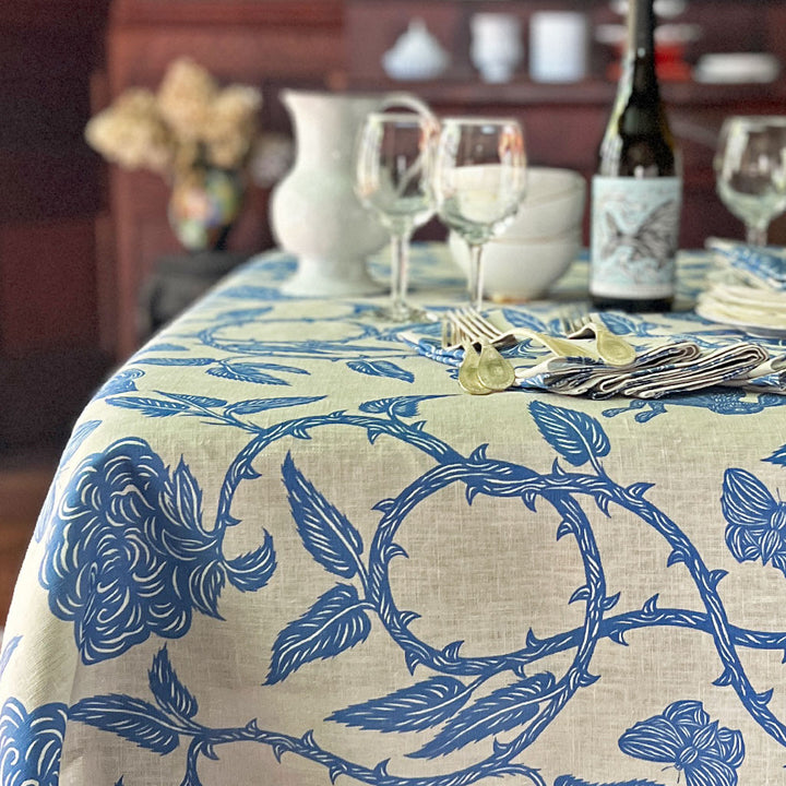 PATCH NYC Hawthorn Garden Cornflower Blue Linen Tablecloth