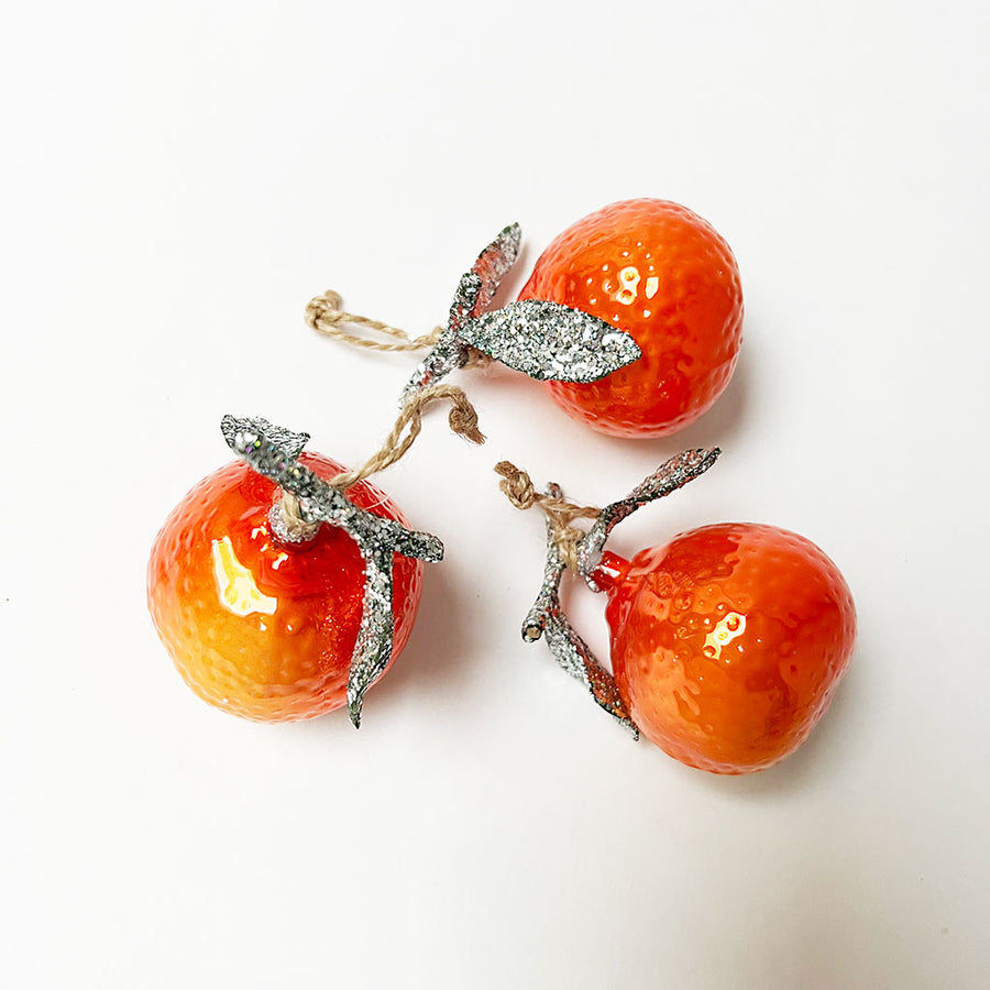 Tangerine with Sparkle Leaves Glass Ornament