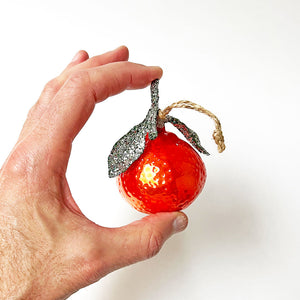 Tangerine with Sparkle Leaves Glass Ornament