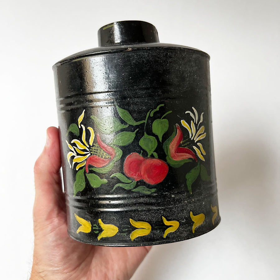 Vintage Hand Painted Toleware Metal Oval Canister