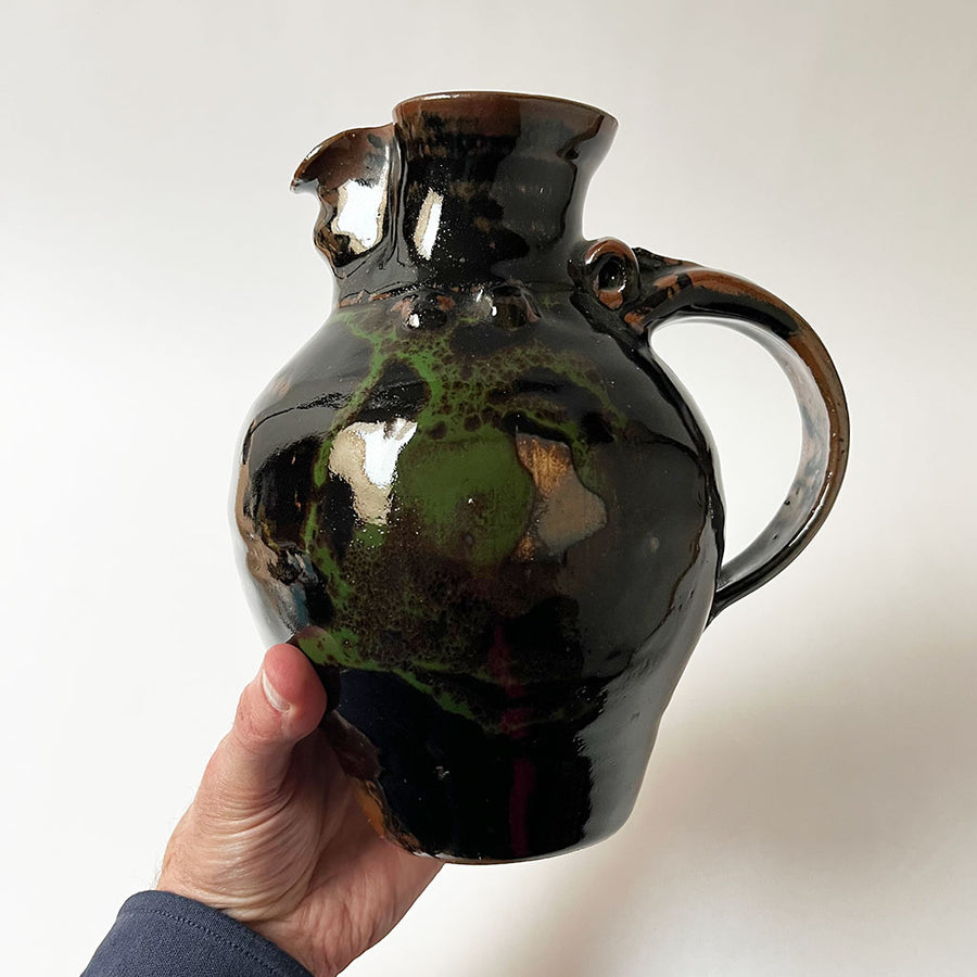 Vintage Black, Brown & Green Studio Pottery Pitcher