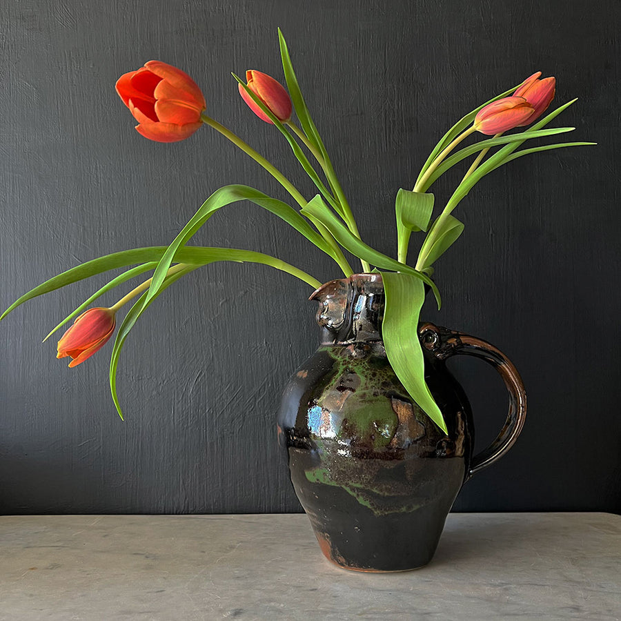 Vintage Black, Brown & Green Studio Pottery Pitcher