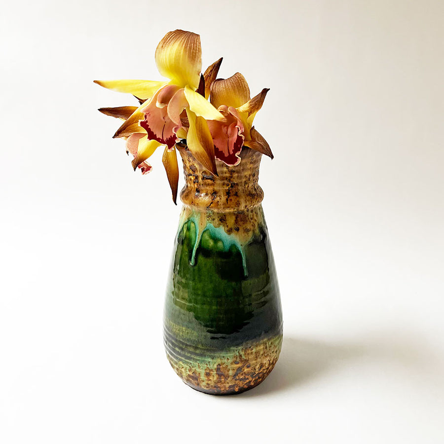 Mid-Century Ceramic Tall Vase with Green Glaze Made in West Germany
