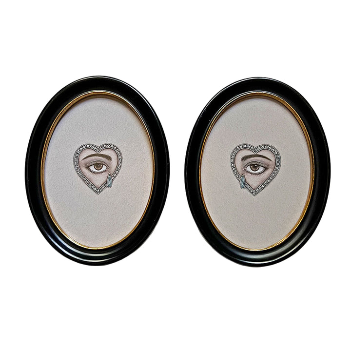 Don Carney Pair of Brown Eyes with Gem Tears & Diamond Hearts - Art Prints in Vintage Black & Gold Oval Frames