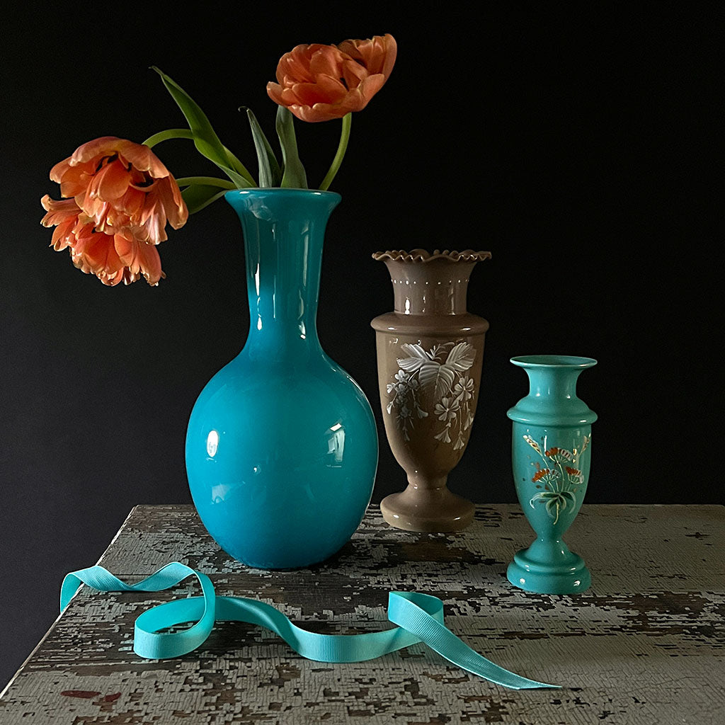 Vintage Deep Aqua Blue Tall Glass Vase
