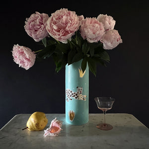 Waylande Gregory Tall Cylinder Vase with Leopards Aqua