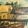 Wharf Scene with Structures & Boat - Original Oil Painting on Board in Frame