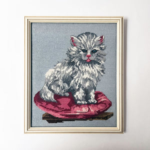 Vintage Original Persian Cat on Pink Cushion Needlework in Wood Frame