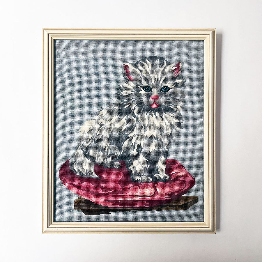 Vintage Original Persian Cat on Pink Cushion Needlework in Wood Frame