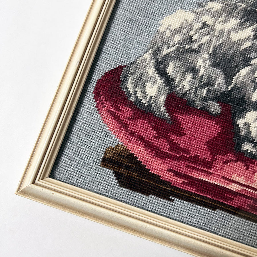 Vintage Original Persian Cat on Pink Cushion Needlework in Wood Frame