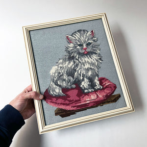 Vintage Original Persian Cat on Pink Cushion Needlework in Wood Frame