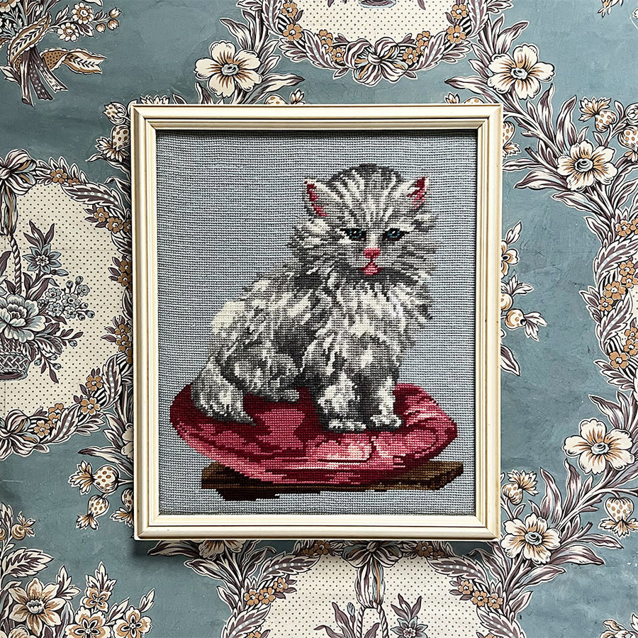 Vintage Original Persian Cat on Pink Cushion Needlework in Wood Frame
