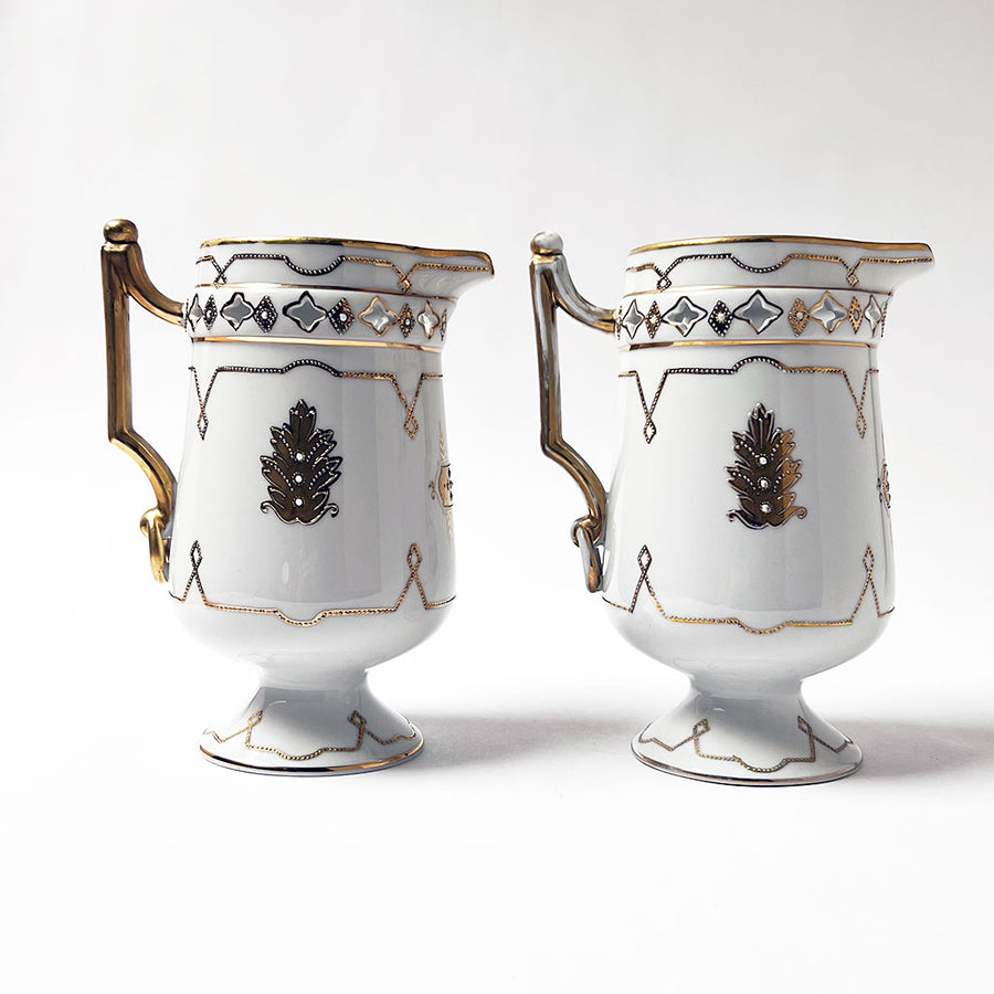 Pair of Vintage Porcelain White and Gold Pitchers