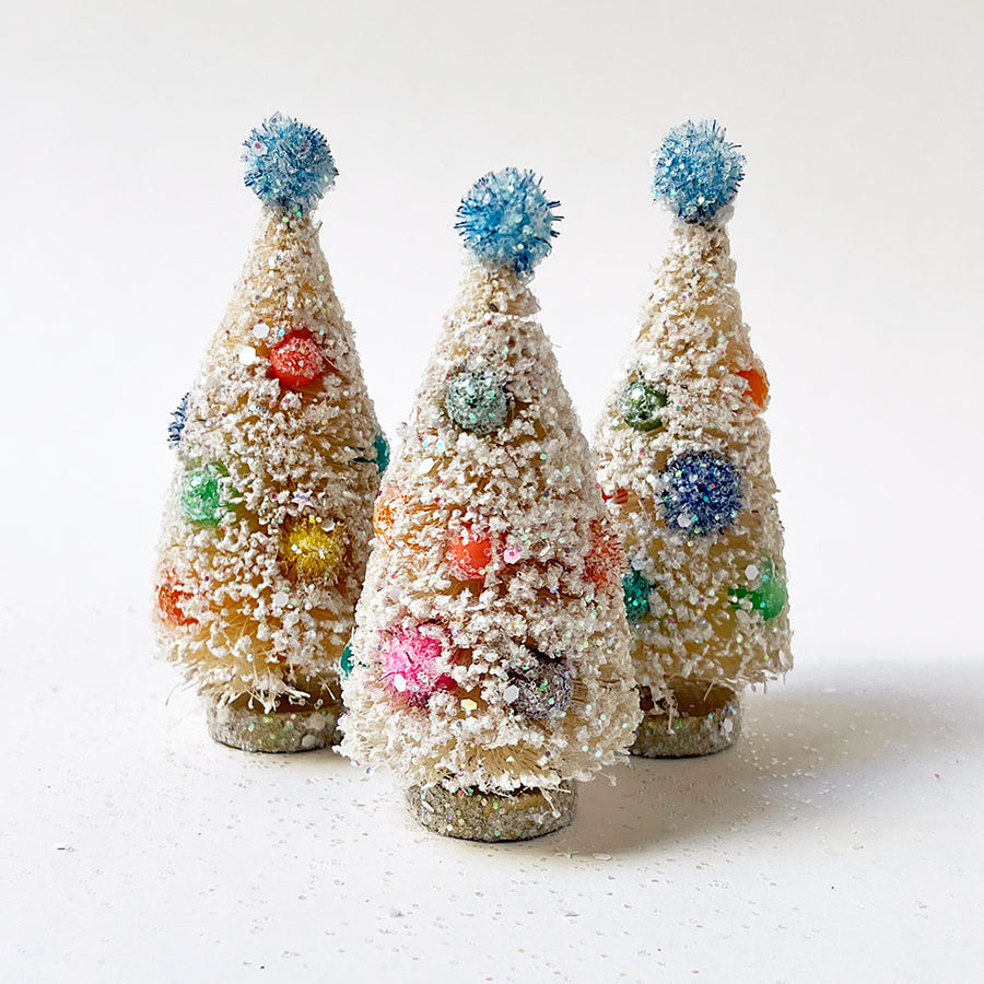 Sparkle White Bristle Tree with Blue Pom Pom: Small