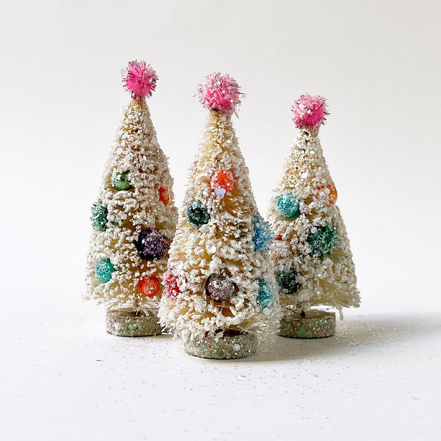 Sparkle White Bristle Tree with Pink Pom Pom: Small