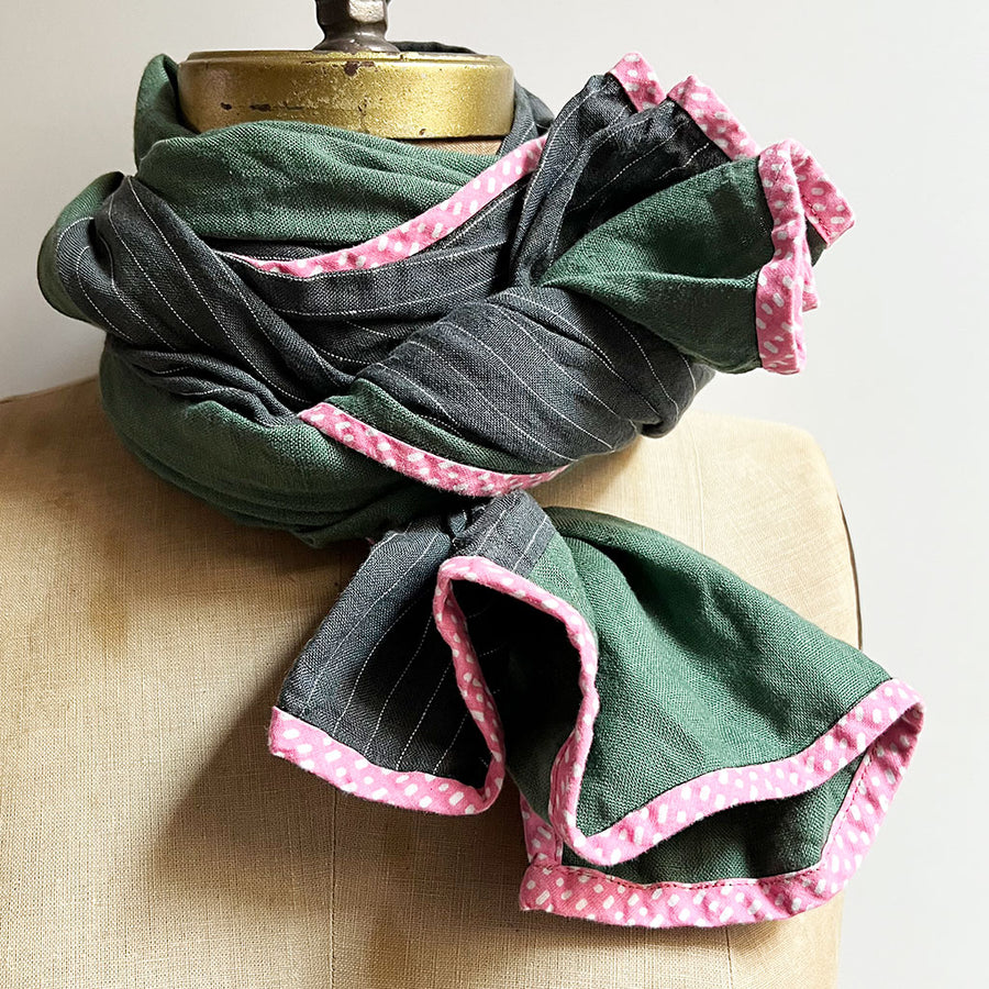 PATCH NYC Forest Green with Grey Pinstripe Mixed Fabric Scarf
