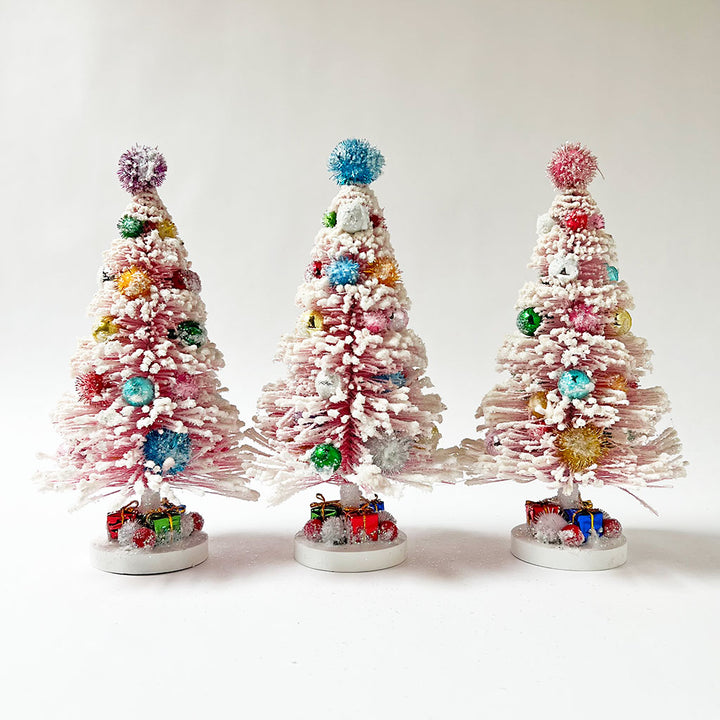 Frosty Pink Sparkle Bristle Tree with Wrapped Presents: Medium