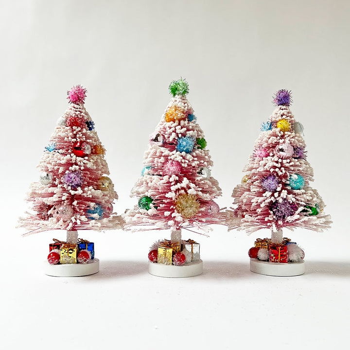 Frosty Pink Sparkle Bristle Tree with Wrapped Presents: Small