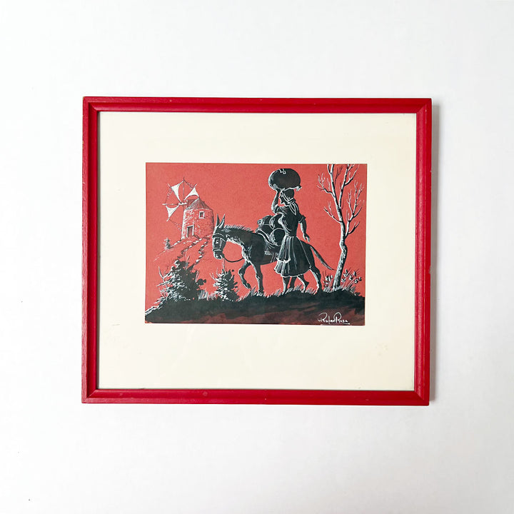 Woman with Donkey by Rafael Rosa Original Ink on Paper Drawing in Wood Frame