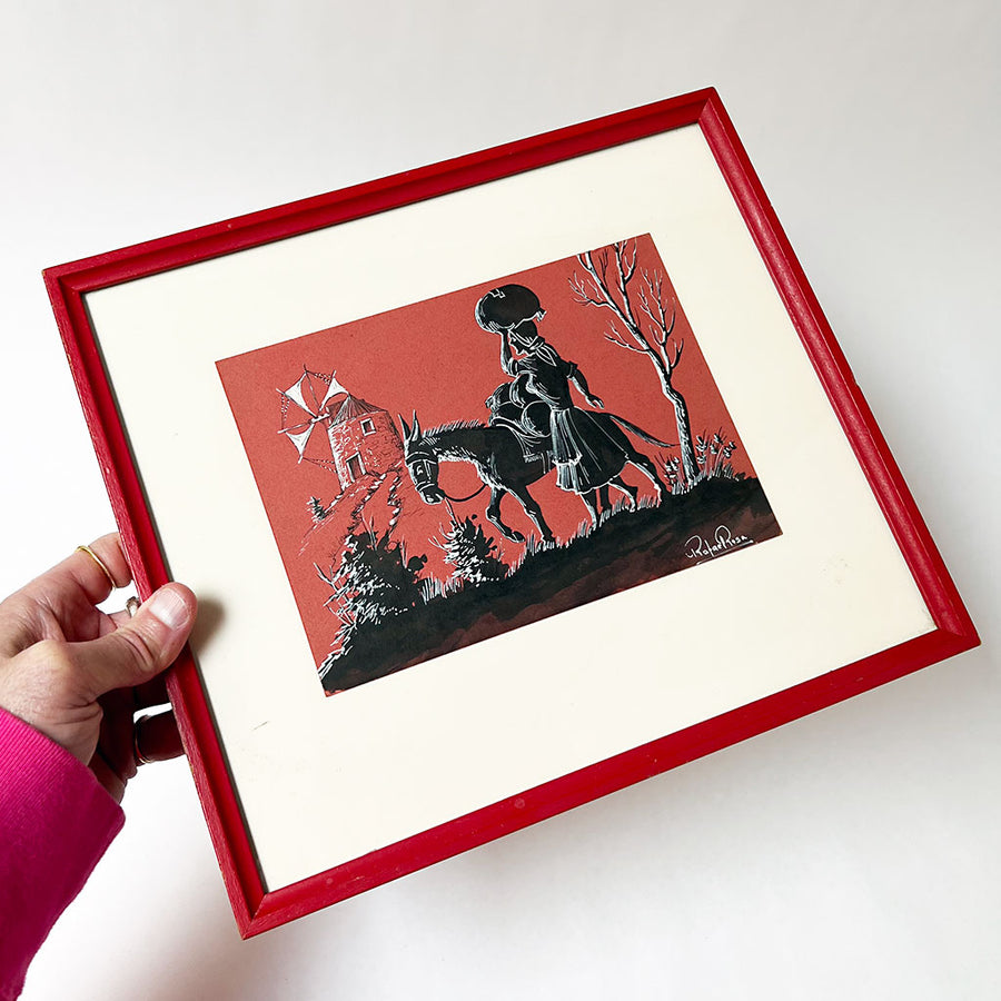 Woman with Donkey by Rafael Rosa Original Ink on Paper Drawing in Wood Frame