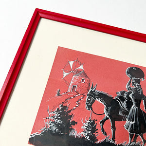 Woman with Donkey by Rafael Rosa Original Ink on Paper Drawing in Wood Frame