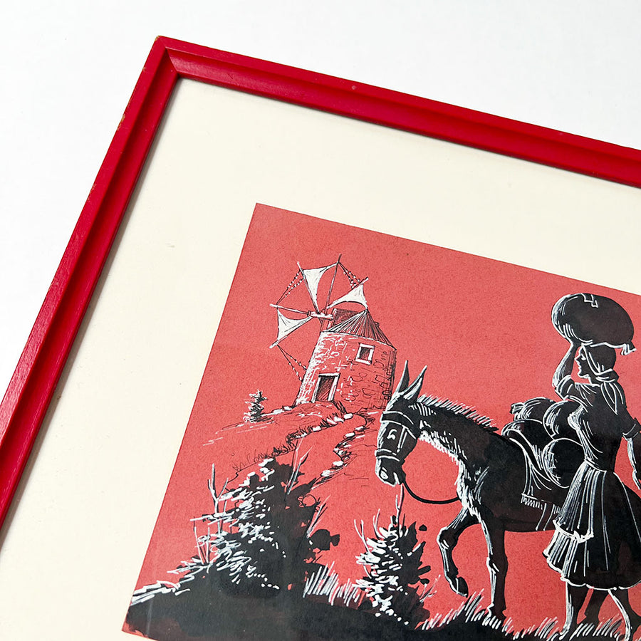 Woman with Donkey by Rafael Rosa Original Ink on Paper Drawing in Wood Frame