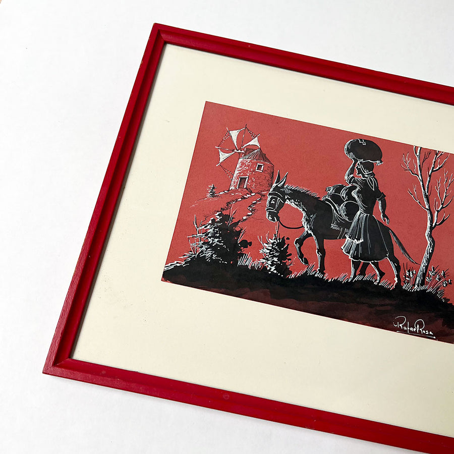 Woman with Donkey by Rafael Rosa Original Ink on Paper Drawing in Wood Frame