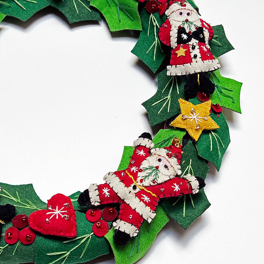 Stitched and Beaded Felt Santa Holiday Wreath